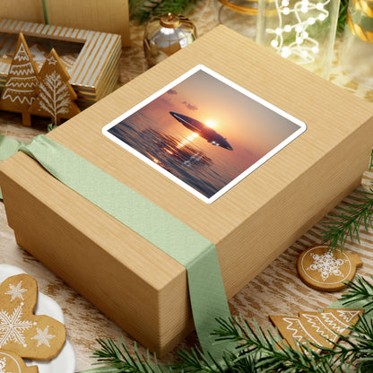 UFO Sunset Sticker — Retro Sci‑Fi Alien Saucer at Ocean Sunset