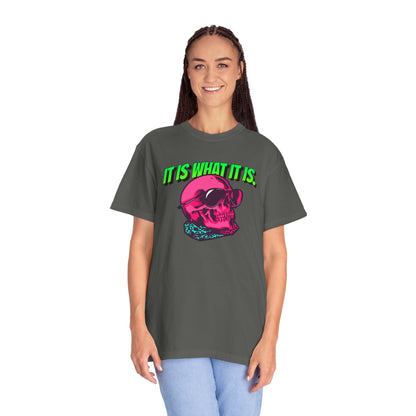 Skull Graphic T-Shirt — "It Is What It Is" Neon Retro Tee