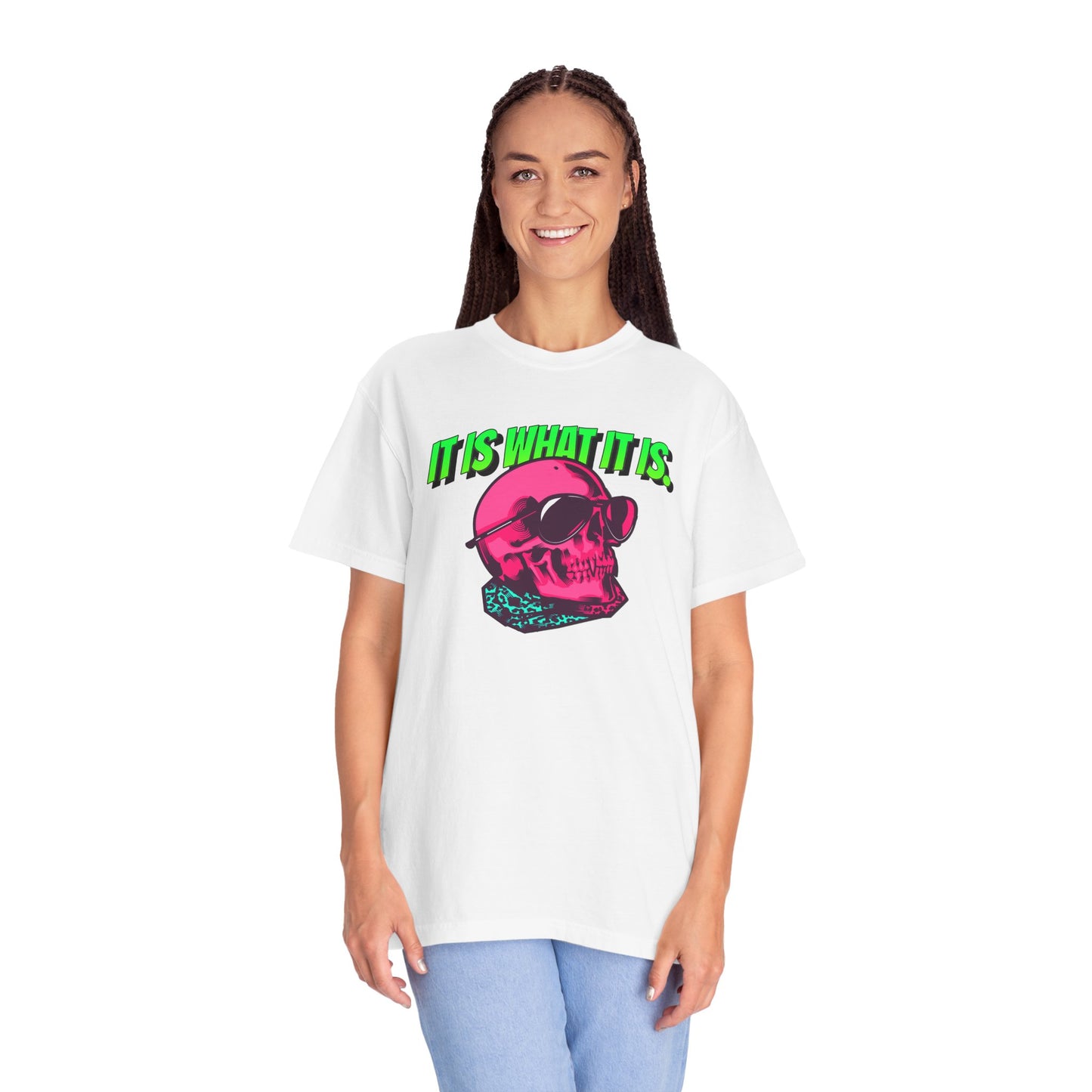 Skull Graphic T-Shirt — "It Is What It Is" Neon Retro Tee
