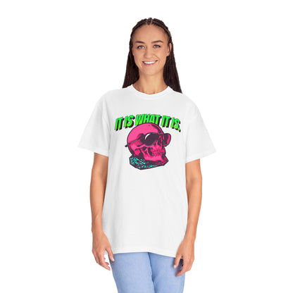 Skull Graphic T-Shirt — "It Is What It Is" Neon Retro Tee